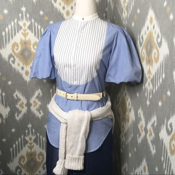 Ralph Lauren Blue & Off White Pouf Sleeve Bib Front Cotton Tuxedo Blouse - Picture 4 of 13